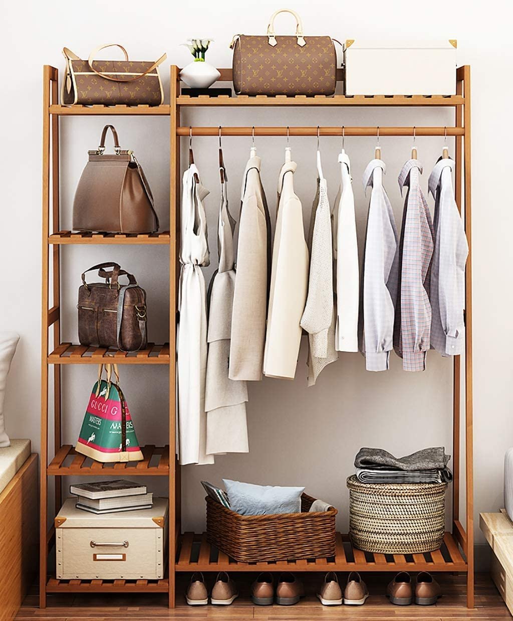 ADA Bamboo Clothes Rack Heavy Duty Garment Stand Coat Hanging Stand, 5 Tier Storage Shelves Closet Organizer for Bedroom, Living Room and Entryway-20