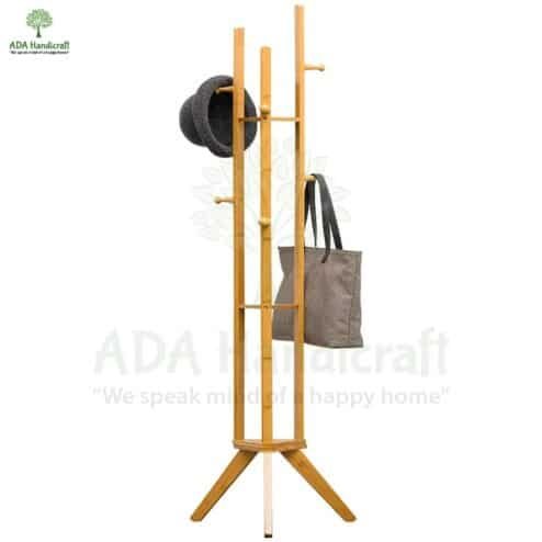 Alternative view of ADA Handicraft Premium Bamboo Stand for Clothes Bag, Scarves, Hat, Umbrella with 6 Hooks & 3 Shelf Triangular Base Coat Stand Corner Shelf Wooden Furniture dress hanger (45 x 45 x 167) CM